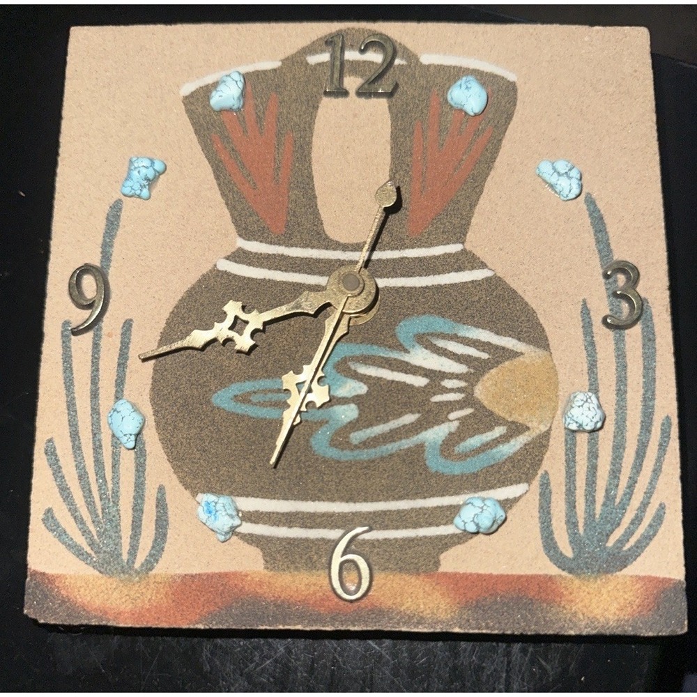 Southwestern Sand Art Wall Quartz Clock Turquoise-Look Accents Desert Pottery